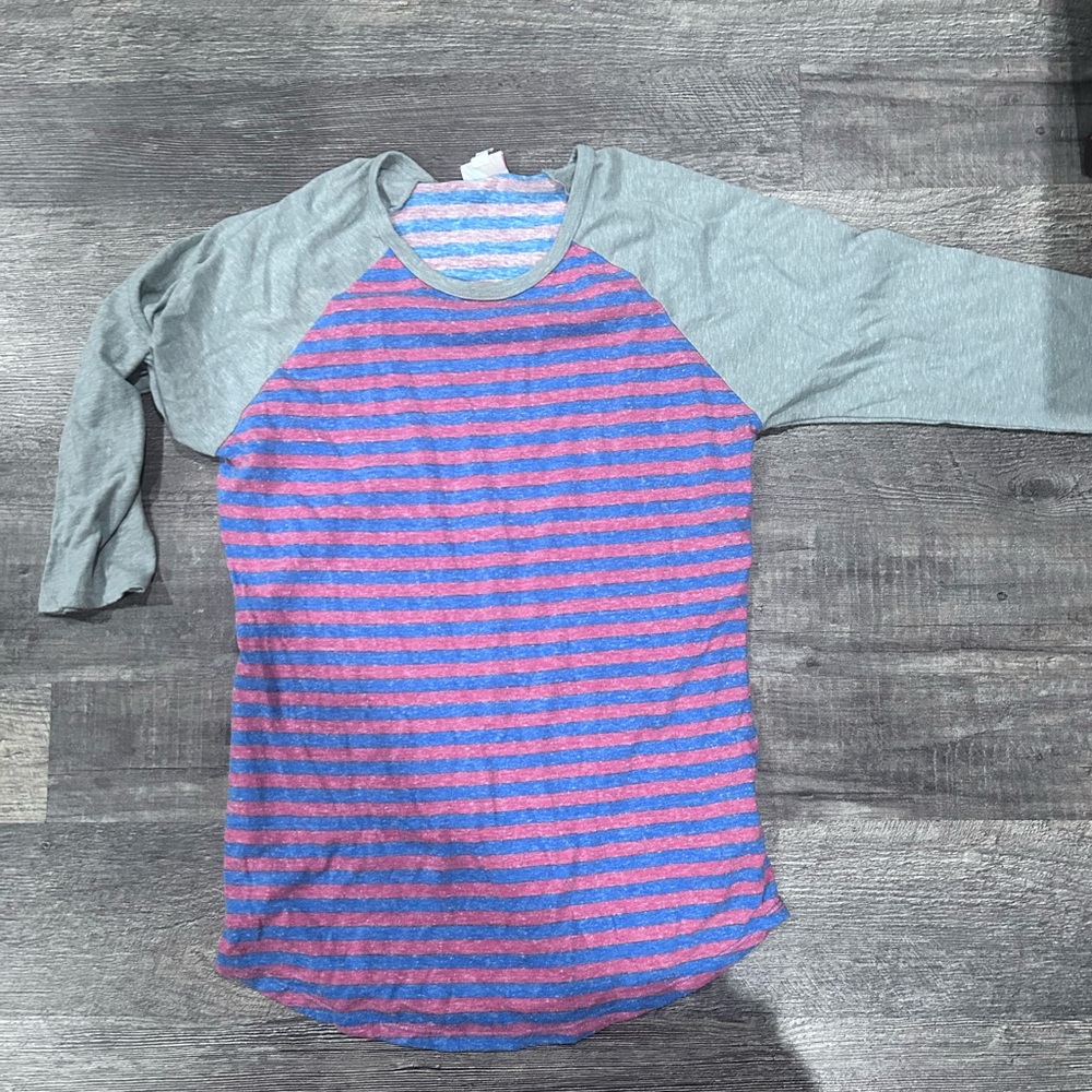 LuLaRoe Striped Long Sleeve Top in Pink and Blue with Gray Sleeves
